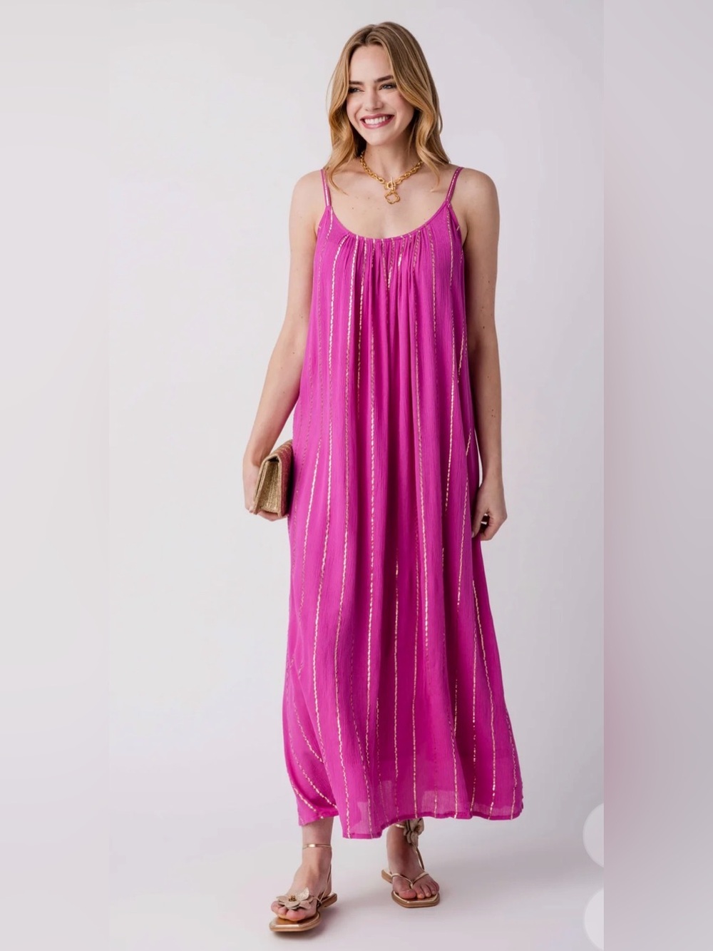 En Creme Hot Pink Lurex Striped Maxi Dress